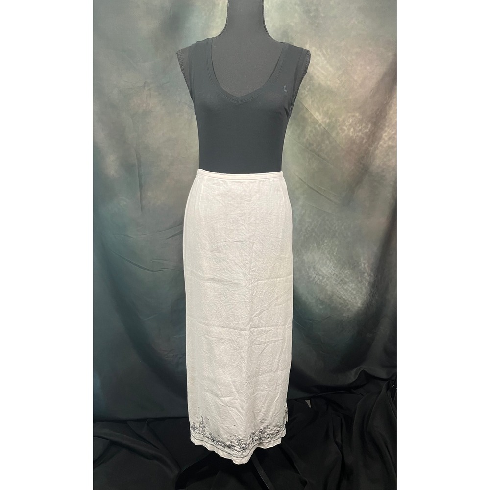 Vintage Y2K Norton McNaughton White 100% Linen Embroidered Maxi Skirt Large